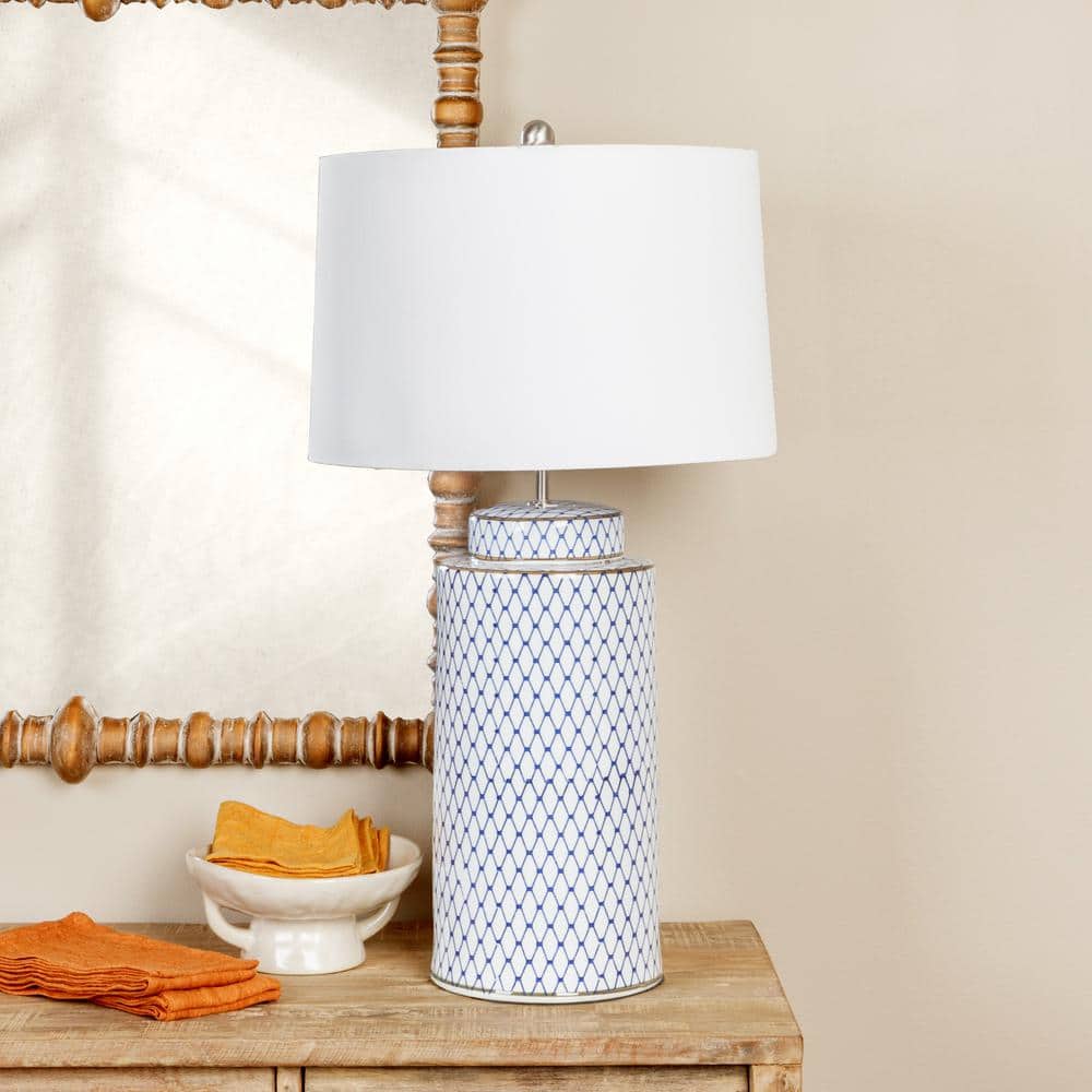 Indigo and White Ceramic Table Lamp with Linen Shade