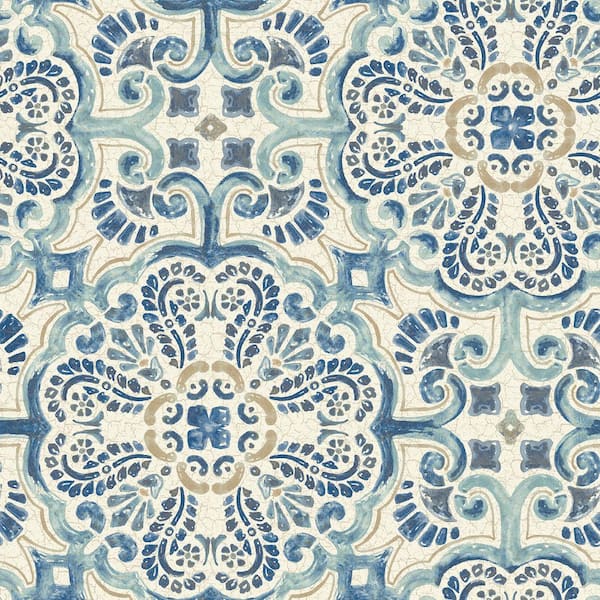 NuWallpaper Blue Florentine Tile Vinyl Peel & Stick Wallpaper Roll (Covers 30.75 Sq. Ft.)