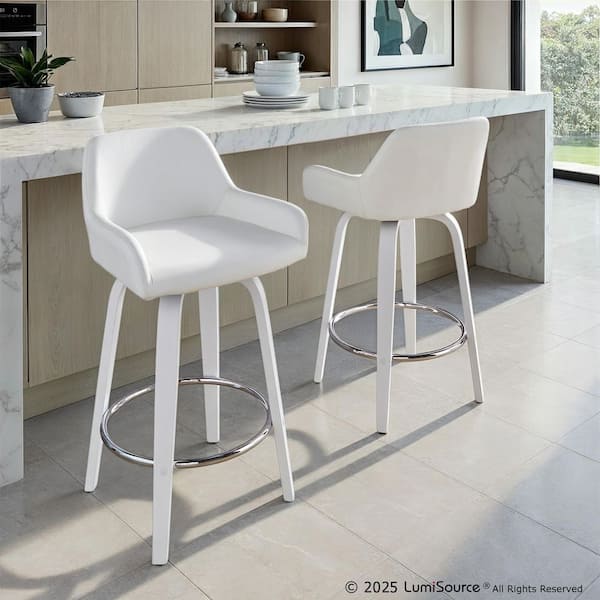 Daniella 35 in. White Faux Leather, White Wood, and Chrome Metal Fixed-Height Counter Stool (Set of 2)