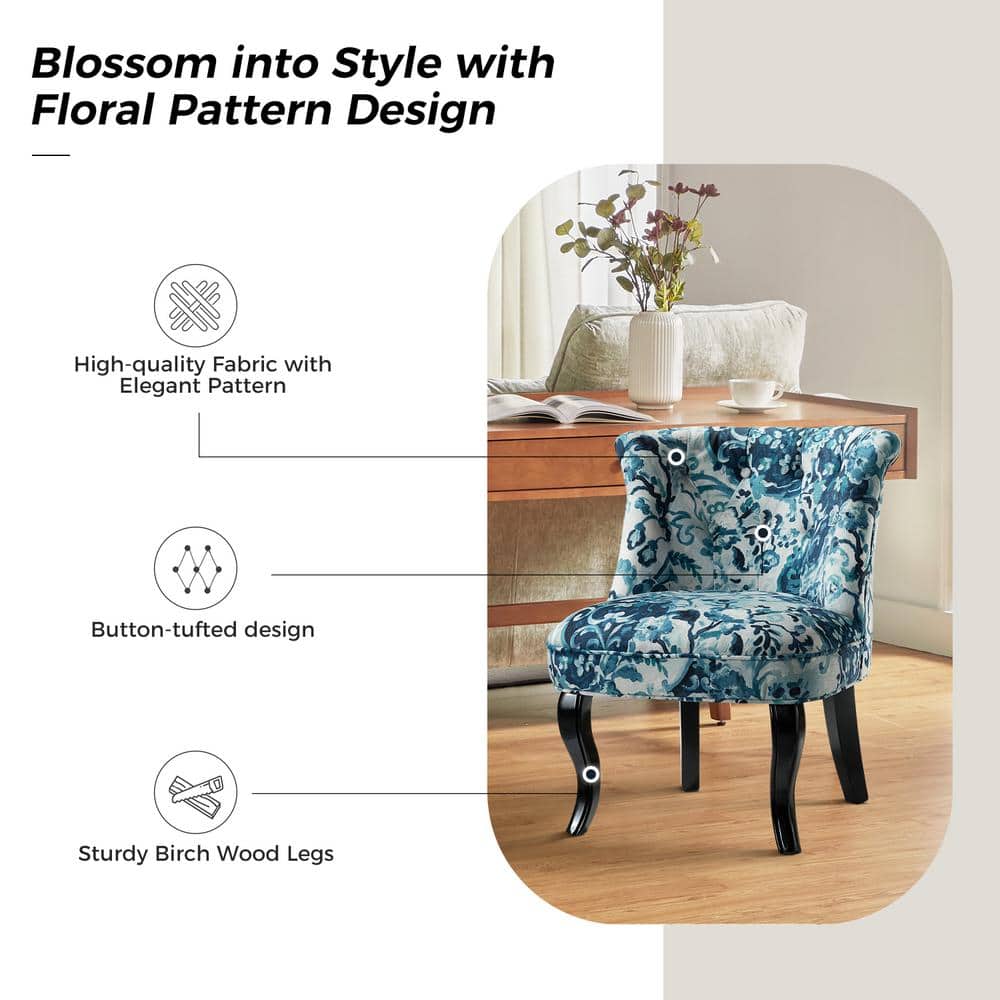Indigo Floral Velvet Accent Chair with Black Wooden Legs