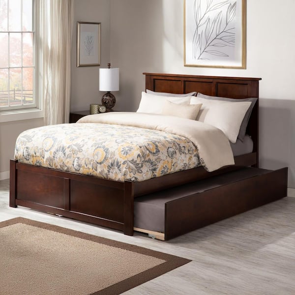Madison Walnut Brown Solid Wood Frame Full Platform Bed with Footboard and Twin Trundle