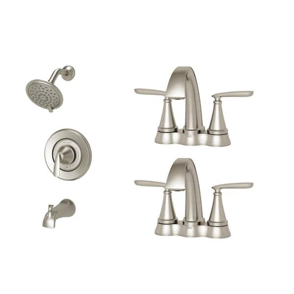 American Standard Somerville 4 in. Centerset Bathroom Faucet Set of 2 and Single-Handle 3-Spray Tub and Shower Faucet Set Brushed Nickel