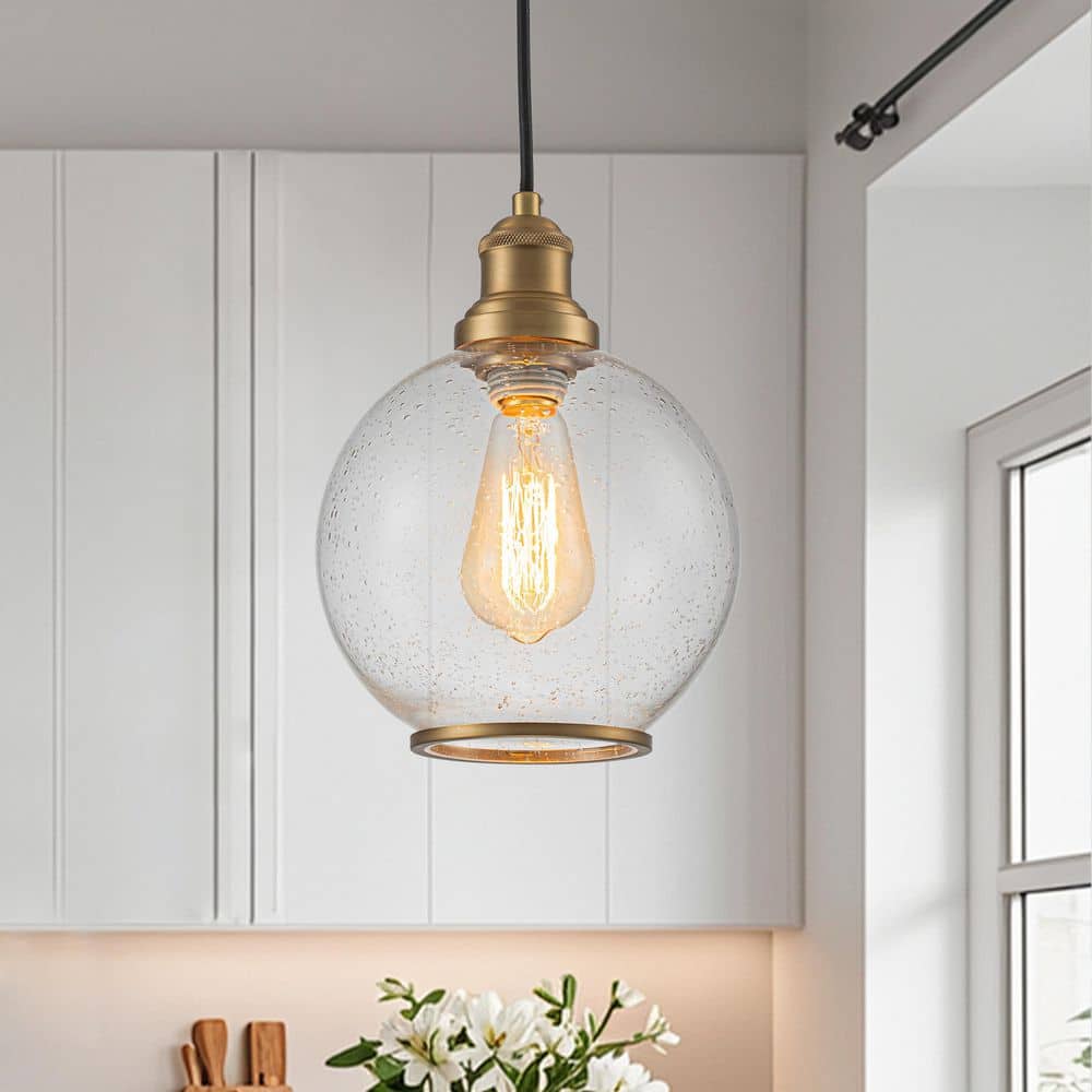 Sol 7.9 in. W 1-Light Seeded Glass Globe Mini Pendant Light with Brass Trim Industrial Modern Glass Hang Light price history on PriceWatchPro