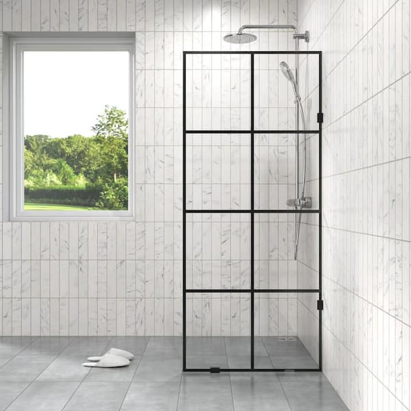 34 in. W x 78 in. H Frameless Fixed Single Panel Shower Screen Door in Black Grid Pattern with 3/8 in.(10mm) Clear Glass