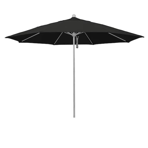 11 ft. Grey Woodgrain Aluminum Market Patio Umbrella with Fiberglass Ribs Pulley Lift in Black Sunbrella