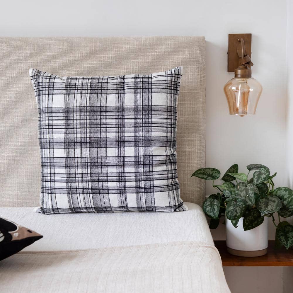 White and Black Embroidered Cotton Blend Square Throw Pillow