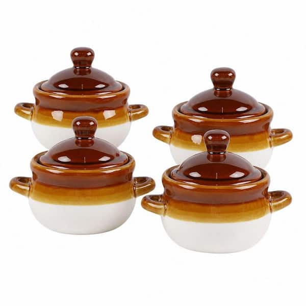 4-Piece 16 fl. oz. Brown Ceramic French Onion Soup Bowls, Soup Crocks with Handles and Lids for Stew, Chili and Cereal