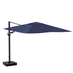 11 ft. Square Cantilever Hydraulic lifting Large Offset Outdoor Patio Umbrella with LED Light in Blue with Stand
