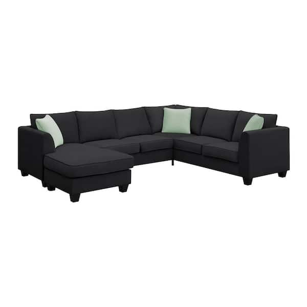 112 in W Flared Arm Fabric L Shaped Sofa Corner Couch Set in Black Wit