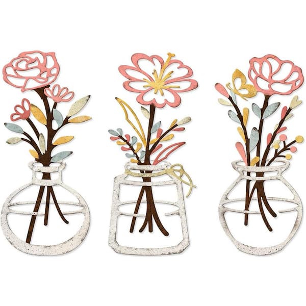 3 Pieces 6.2 in. x 14.1 in. Beige Metal Flowers Wall Arts