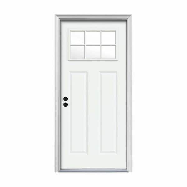 JELD-WEN 34 in. x 80 in. 6 Lite Craftsman White Painted Steel Prehung Right-Hand Inswing Front Door w/Brickmould