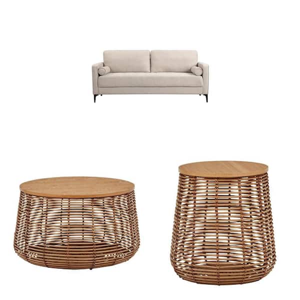 Goodwin 75.6 in. Sand Beige Sofa with Throw Pillows, Pala 28 in. Rattan Coffee Table and 17.3 in. Side Table Combo