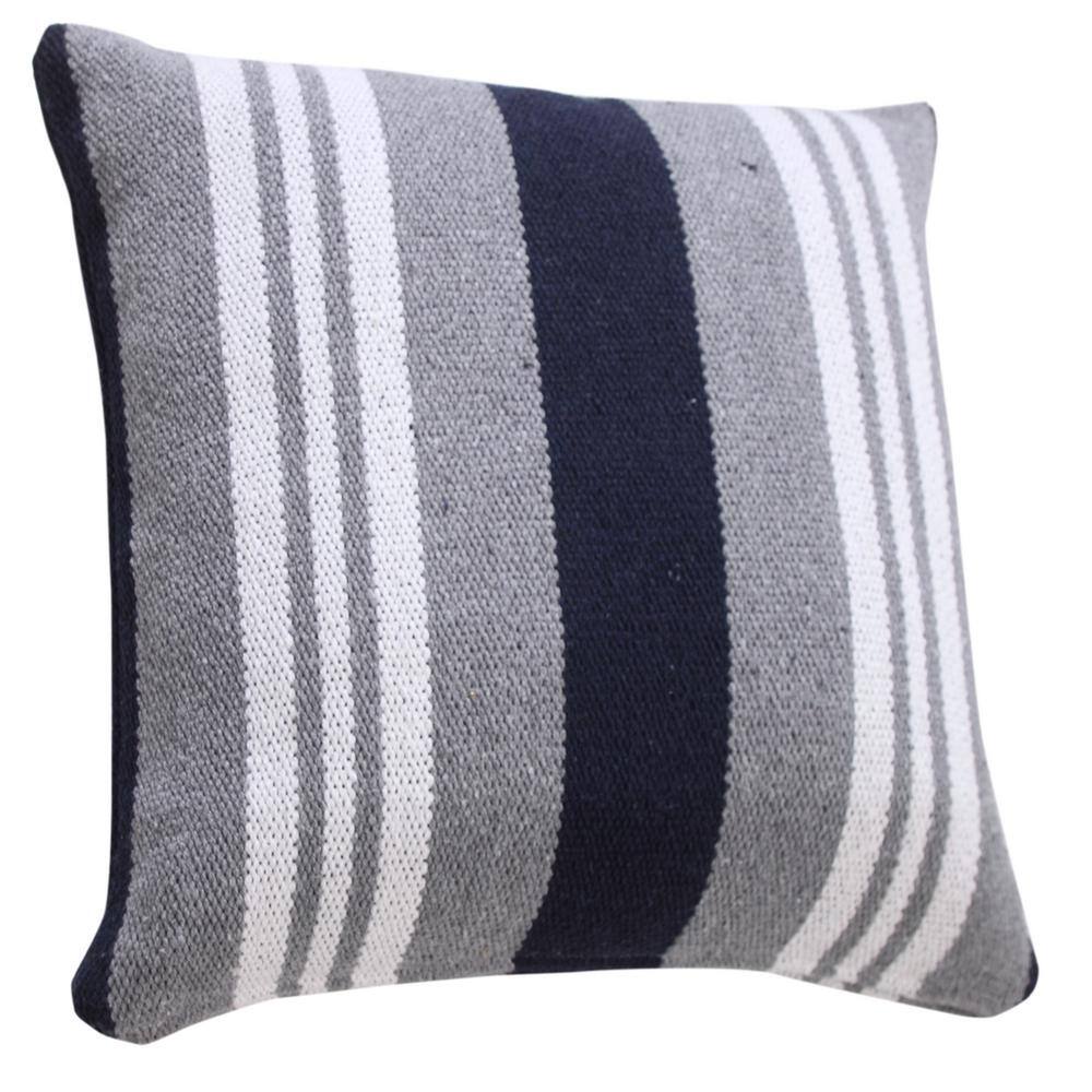 Navy Gray White Cotton Striped Square Throw Pillow