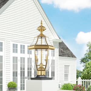 Aston 21 in. 2-Light Polished Brass Solid Brass Hardwired Outdoor Rust Resistant Post Light with No Bulbs Included