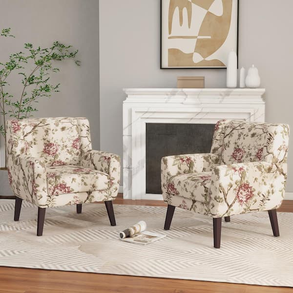 Mid-Century Modern Multicolor Floral Pattern Linen Accent Armchair set of 2