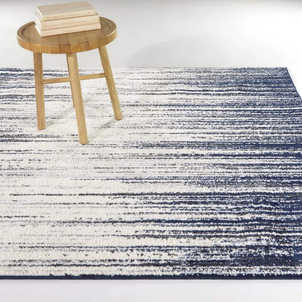 Navy Blue and White Abstract Rectangular Synthetic Area Rug