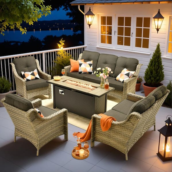 HOOOWOOO Cherry 5-Piece Wicker Outdoor Fire Pit Furniture Patio Conversation Sofa Set with a Loveseat and Black Cushions
