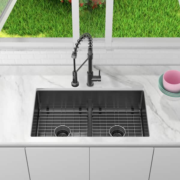 Glacier Bay 33 in. Drop-In Double Bowl Gunmetal Black Stainless