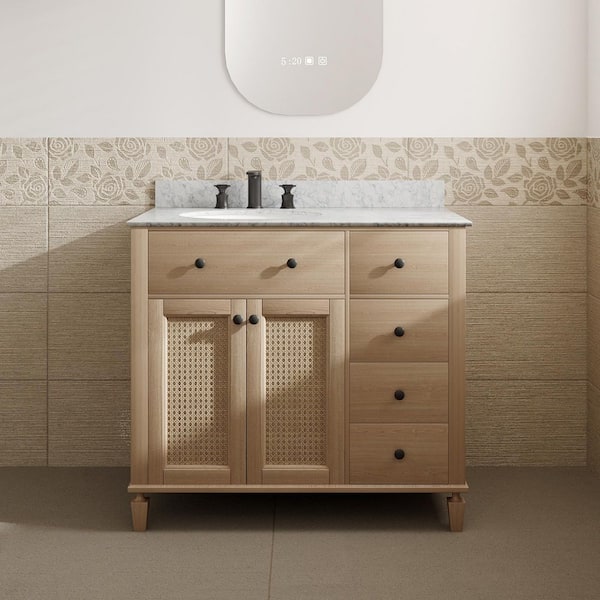 VLeaf 36 in. W x 22 in. D x 34.5 in. H Single Sink Bath Vanity Cabinet in Weather Fir with Carrara Marble Top