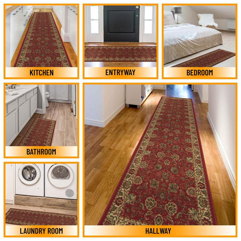 Dark Red Floral Non-Slip Synthetic Runner Rug