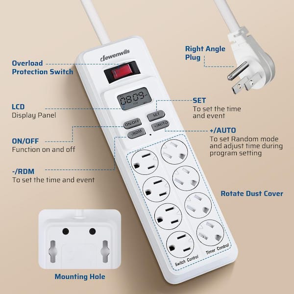 Mechanical Indoor Timer Power Strip with 8-Outlets, Countdown, Flat Plug, 6 ft. L Cord