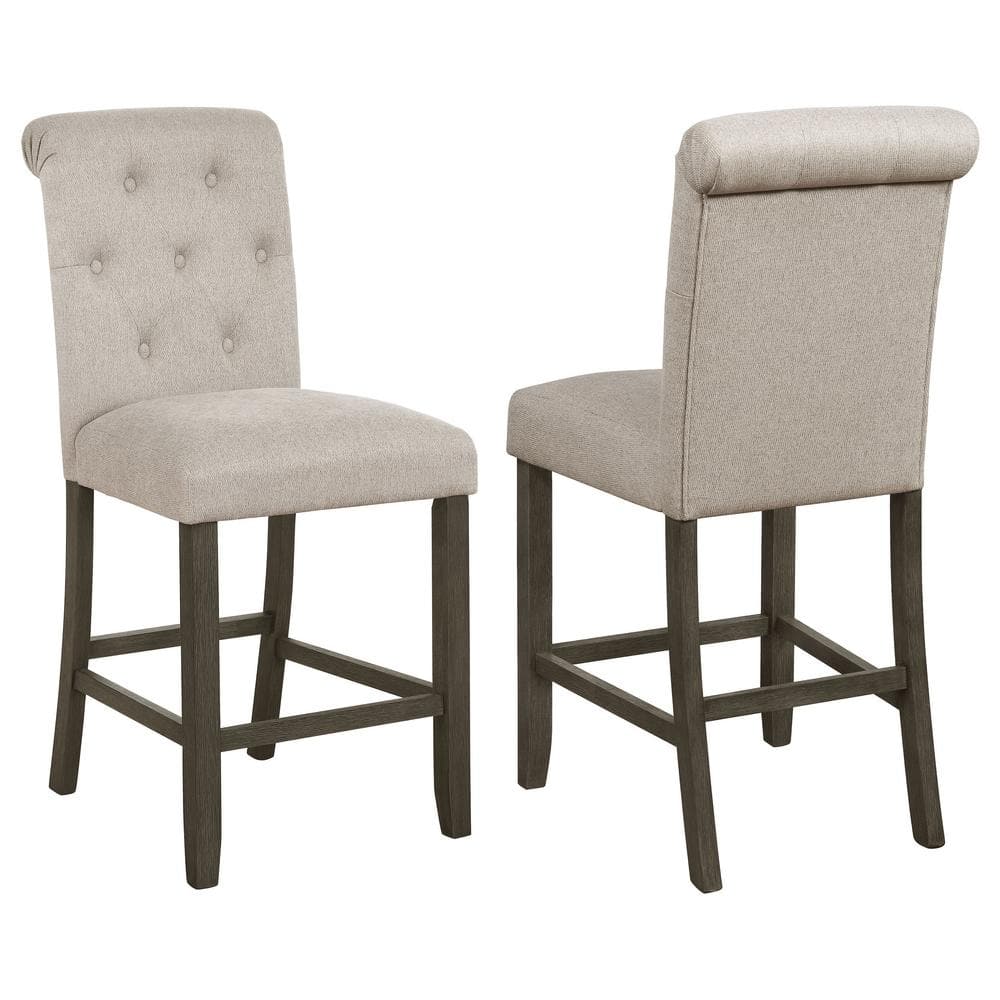 Beige Linen-Like Tufted Back Counter Stools with Rustic Brown Frame (Set of 2)