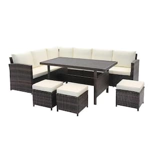 7-Pieces PE Rattan Wicker Patio Dining Sectional Cusions Sofa Set with White cushions