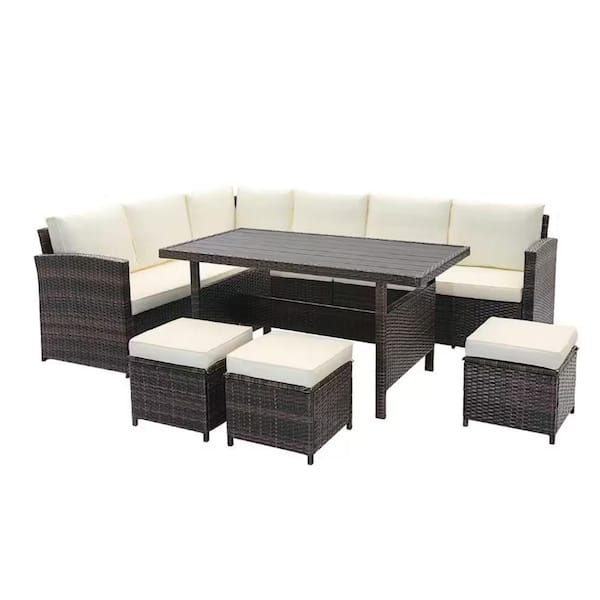 Sudzendf 7-Pieces PE Rattan Wicker Patio Dining Sectional Cusions Sofa Set with White cushions