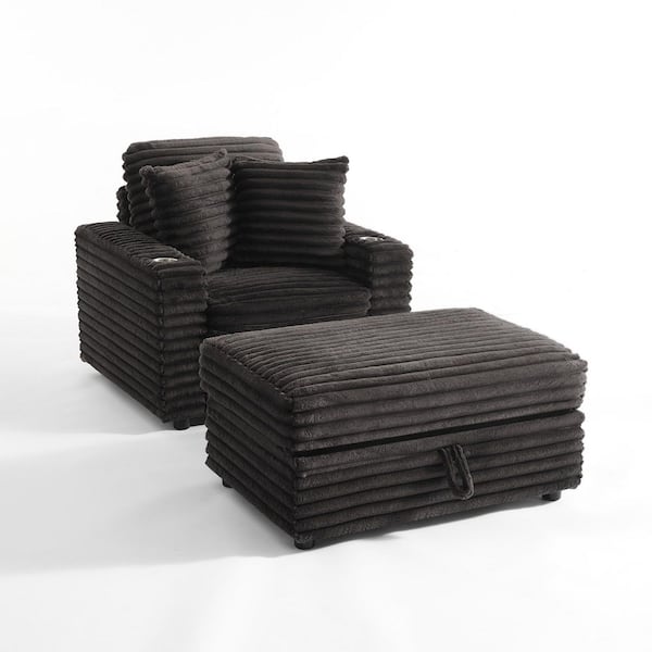 Chocolate Faux Rabbit Fur Polyester Fabric Upholstered Accent Arm Chair with Storage Ottoman and Plastic Legs (Set of 1)