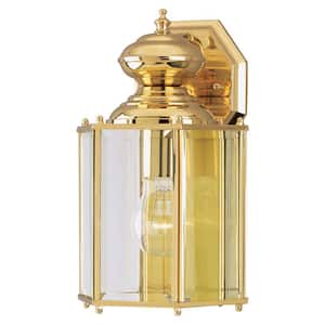 1-Light Polished Brass on Solid Brass Steel Exterior Wall Lantern Sconce with Clear Beveled Glass Panels