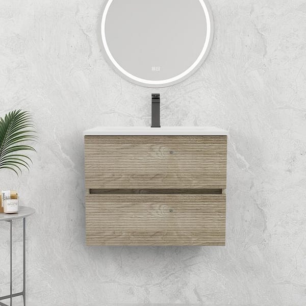 UPIKER Paterno 23.72 in. W x 17.93 in. D x 18.79 in. H Single Sink Floating Rough Oak Bath Vanity with White Ceramic Vanity Top