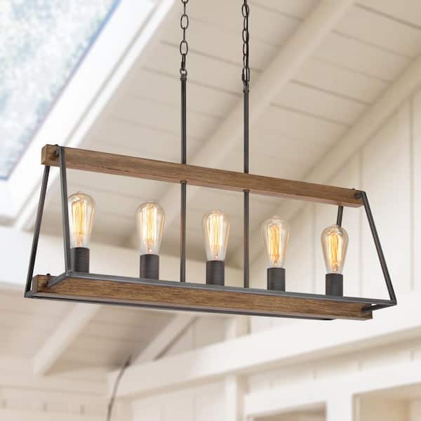 LNC Farmhouse Cage Chandelier 5-Light Linear Brown Island Chandelier with Geometric Frame and Wood Accents