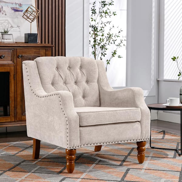 Uixe Vintage Beige Button Tufted Upholstered Accent Armchair with ...