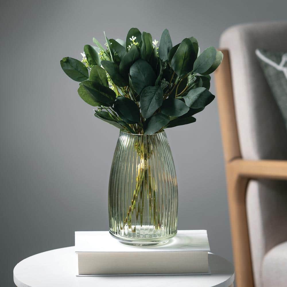 Green Ribbed Glass Vase for Table Centerpieces
