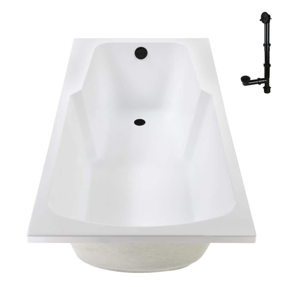 60'' Glossy White Acrylic Drop-In Soaking Bathtub with Matte Black Drain