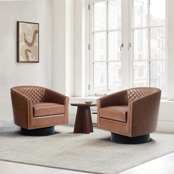 Mid-Century Brown PU Leather 360° Swivel Accent Arm Chair with Nailhead Trim (Set of 2)