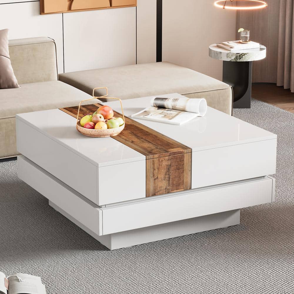 31.4 in. White Square MDF Coffee Table, High Gloss Center Table, Extendable Cocktail Table with Walnut Grain Finish