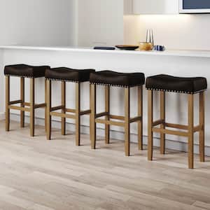 Hylie 29 in. Nailhead Wood Bar Height Counter Bar Stool, Dark Brown Faux Leather Cushion Light Brown Finish, Set of 4