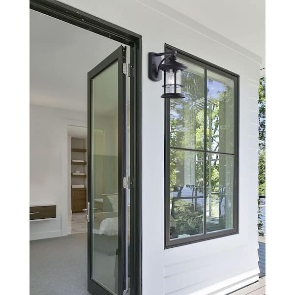 Ryder 1-Light Black Outdoor Wall Lantern Sconce with Seeded Glass