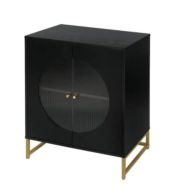 Aoibox Black Wooden 26.77 in. Oak Storage Cabinet Sideboard Buffet Cabinet with Fluted Glass Door
