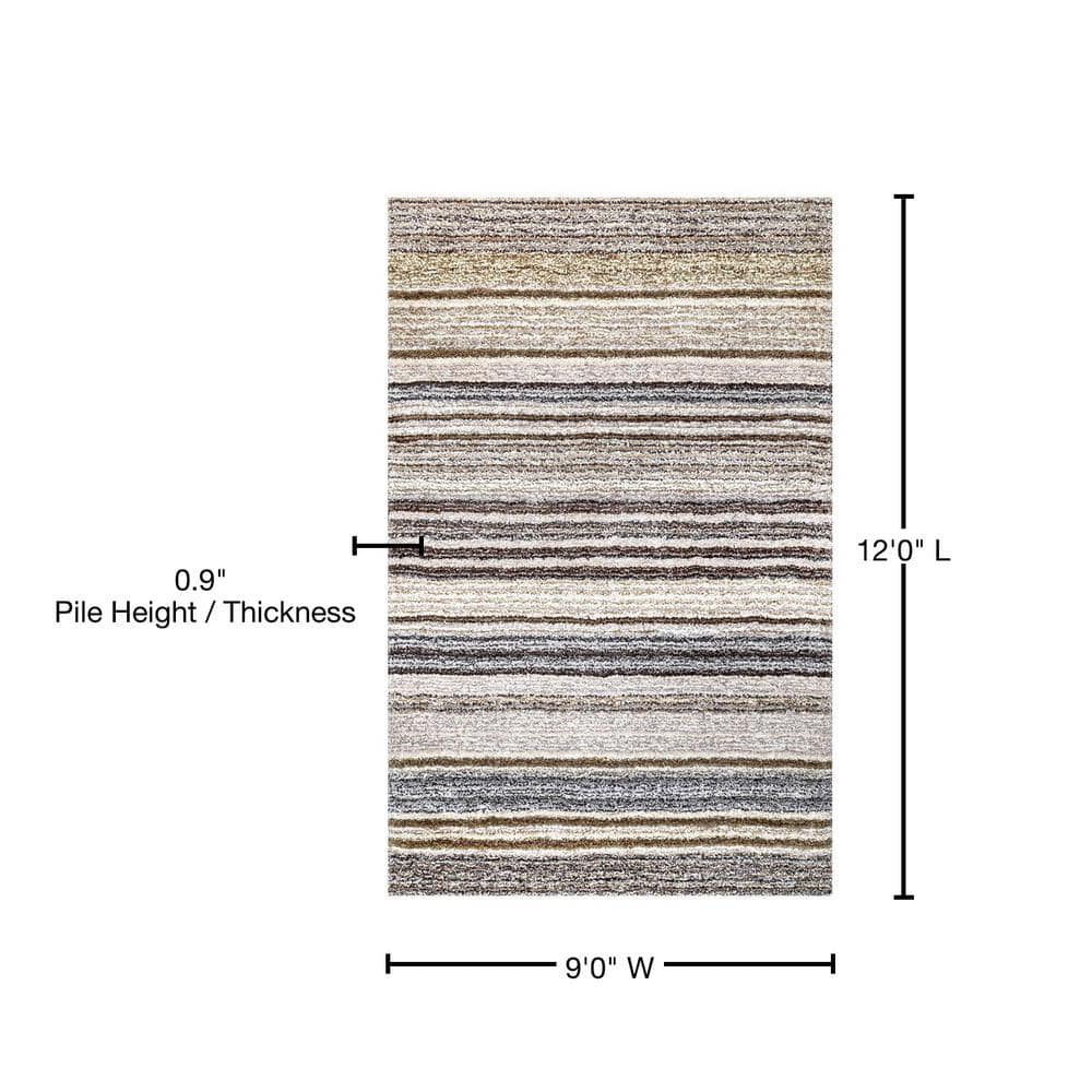 Beige Striped Handmade Shag Area Rug 9' x 12'