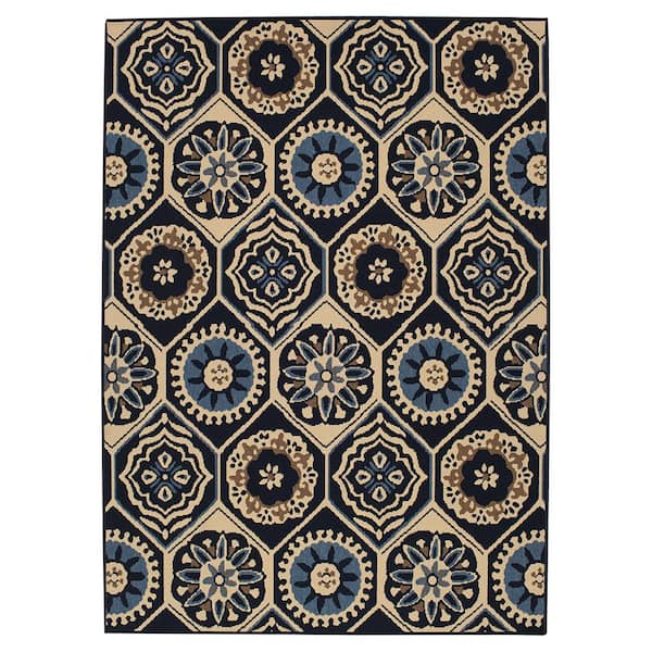 Hampton Bay Medallion Navy/Ivory 5 ft. x 7 ft. Indoor/Outdoor Area Rug