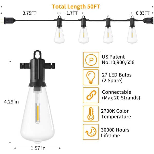 ZXXC 27-Light 50 ft. Indoor/Outdoor Plug-In LED Edison String