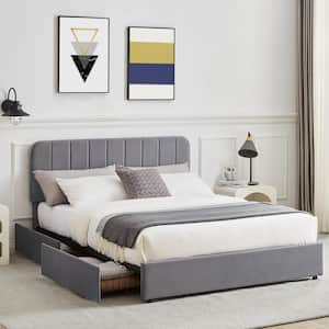 Upholstered Queen Size Platform Bed Frame with 4 Storage Drawers and Headboard Wooden Slats Support Gray