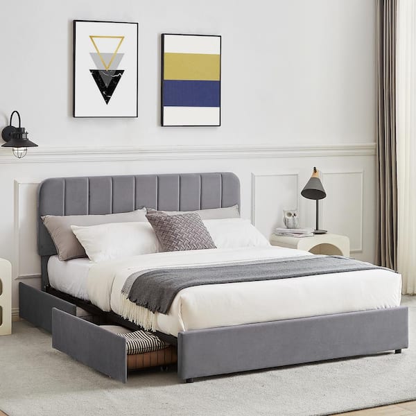 VECELO Upholstered Queen Size Platform Bed Frame with 4 Storage Drawers ...