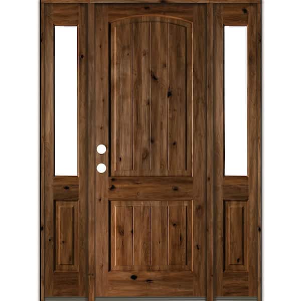 Krosswood Doors 58 in. x 96 in. Rustic Alder Arch Provincial Stained Wood with V-Groove Right Hand Single Prehung Front Door