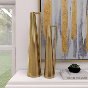 17 in., 22 in. Gold Slim Cone Metal Geometric Decorative Vase with Handles (Set of 2)