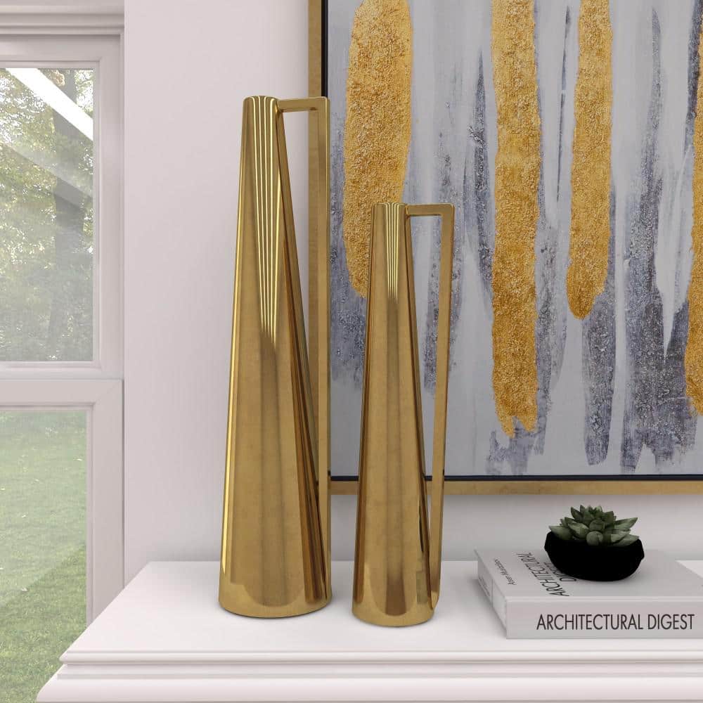 Gold Slim Cone Metal Geometric Decorative Vase Set