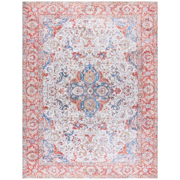 Vintage Serapi Red Orange/Blue  8 ft. x 10 ft. Machine Washable Border Abstract Area Rug