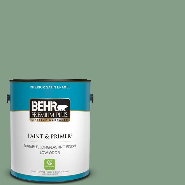 BEHR PREMIUM PLUS 1 gal. #S410-5 Track Green Satin Enamel Low Odor Interior Paint & Primer